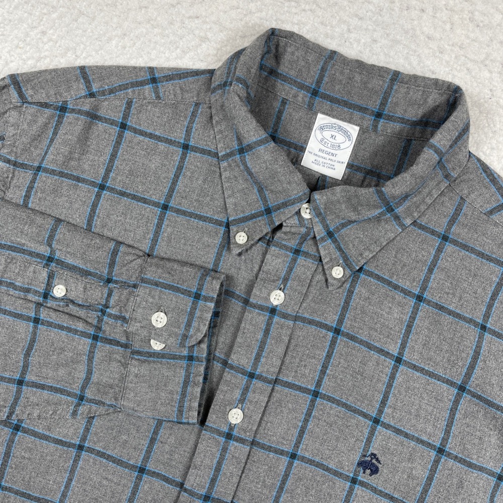 Brooks Brothers Button Down Shirt Mens XL Grey Blue Plaid Regent Fit Cotton Logo